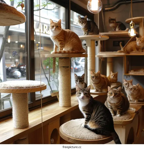 A group of cats sitting on a cat tree and looking out the window
