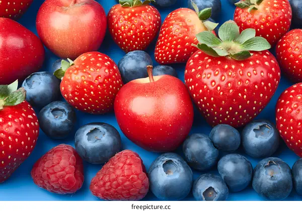 Fresh Red and Blue Fruits on Blue Background