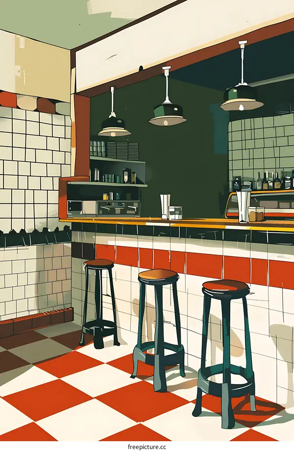 Vintage Bar Interior with Checkered Floor and Stools