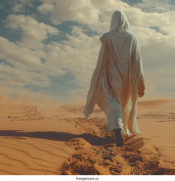A man in a white robe walks through the desert