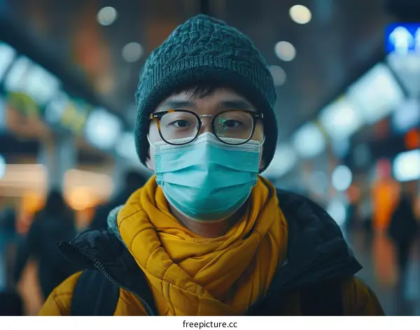 A young man wearing a mask and glasses in a public place