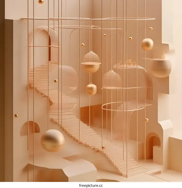 Abstract 3D Staircase with Golden Cages and Spheres