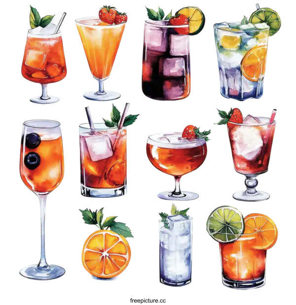 [Transparent Background PNG]Colorful Variety of Cocktails Illustration