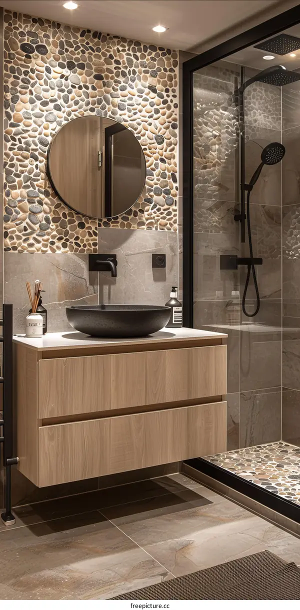 Modern Bathroom with Stone Wall