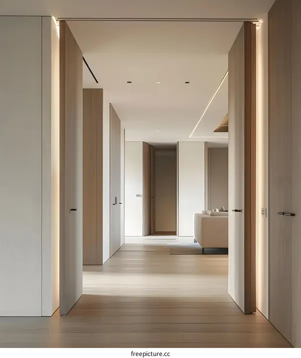 Modern Minimalist Interior Design Hallway With Wooden Doors And Floor