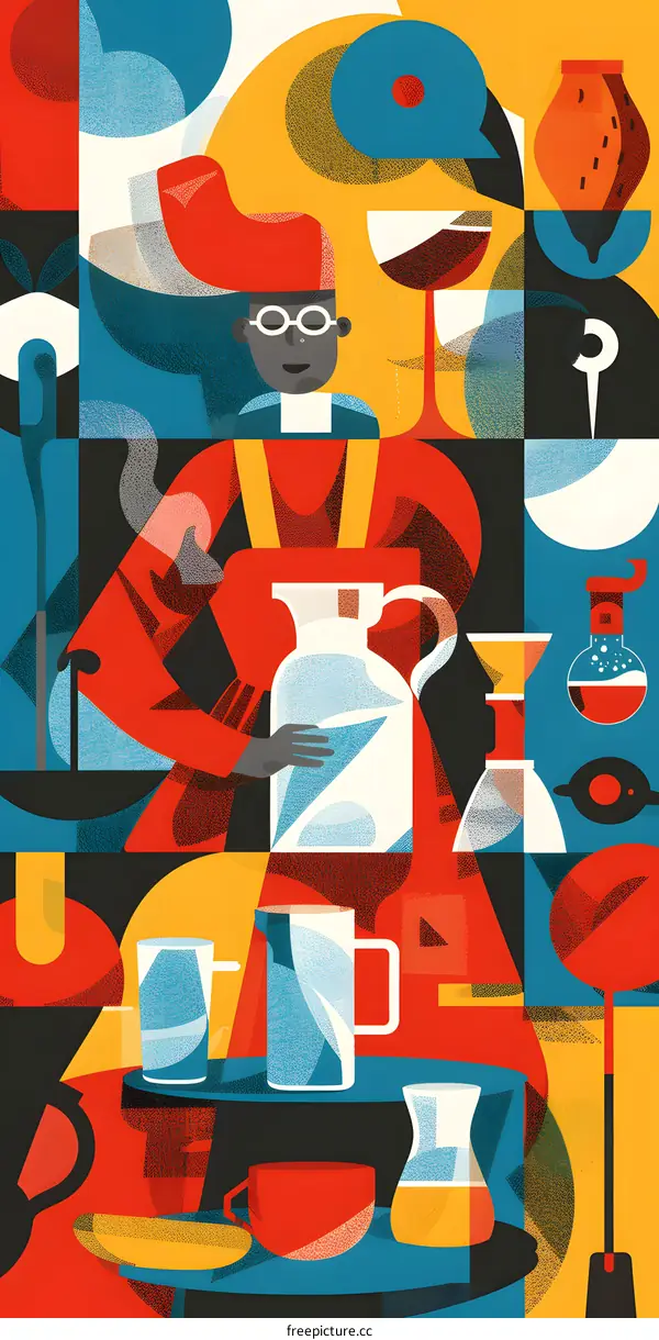 Abstract Illustration of a Black Man Pouring Water into a Jug with Geometric Shapes