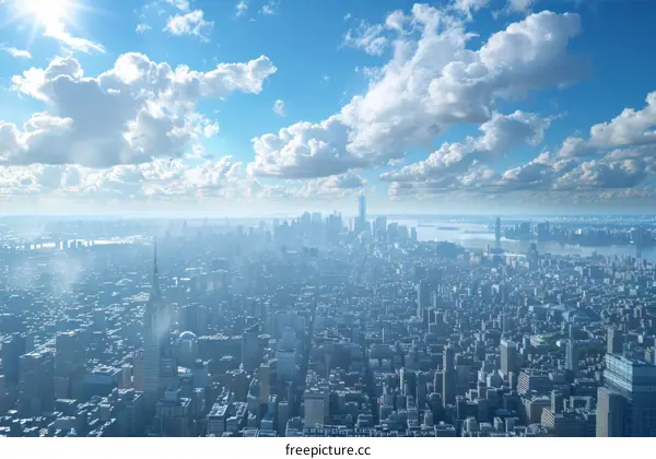 Aerial View of New York City Skyline with Beautiful Clouds