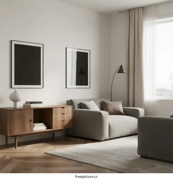 Modern minimalist living room with comfortable sofa and wooden furniture