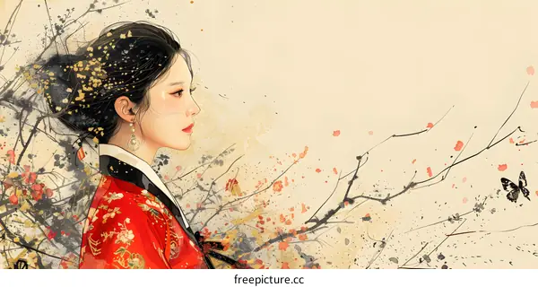 A beautiful Korean woman in traditional dress stands in a field of flowers.