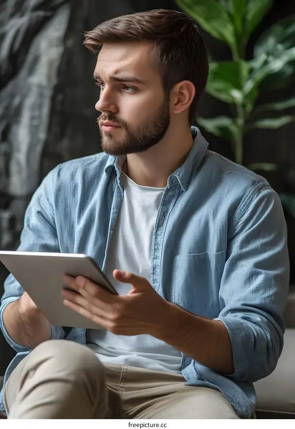 Man Using Tablet, Sitting in a Chair, Thinking