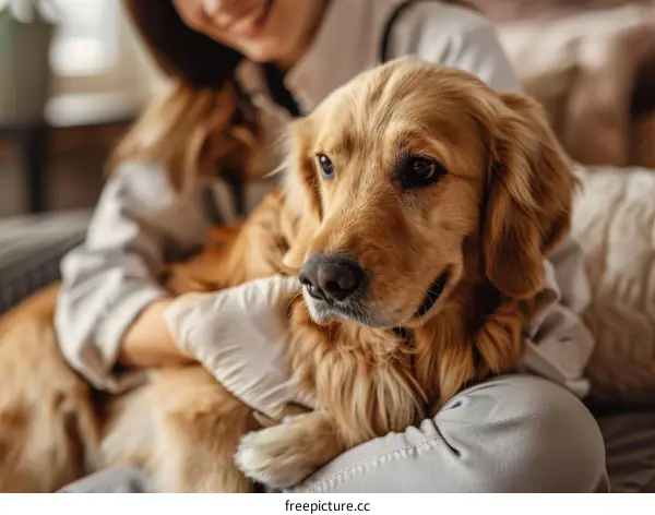 Close-up of a Golden Retriever being examined by a Veterinarian