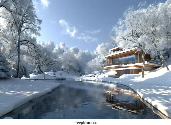 Modern house in winter wonderland