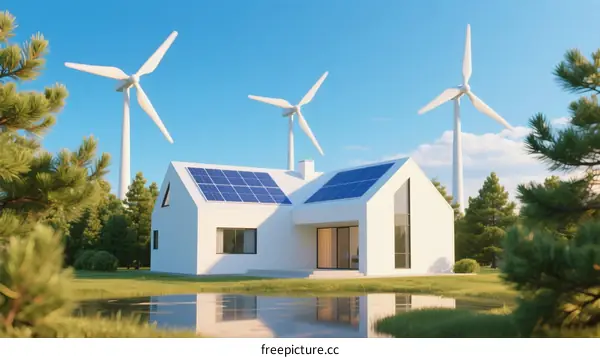Eco-friendly modern house with solar panels and wind turbines