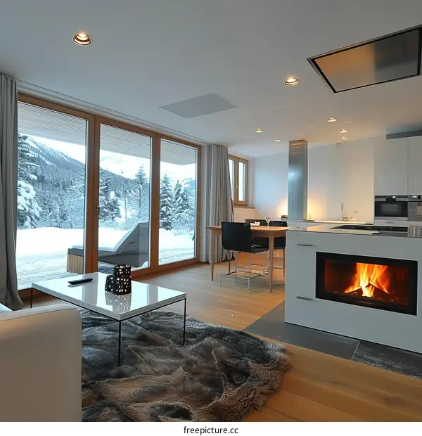 Modern house interior living room with fireplace and large windows