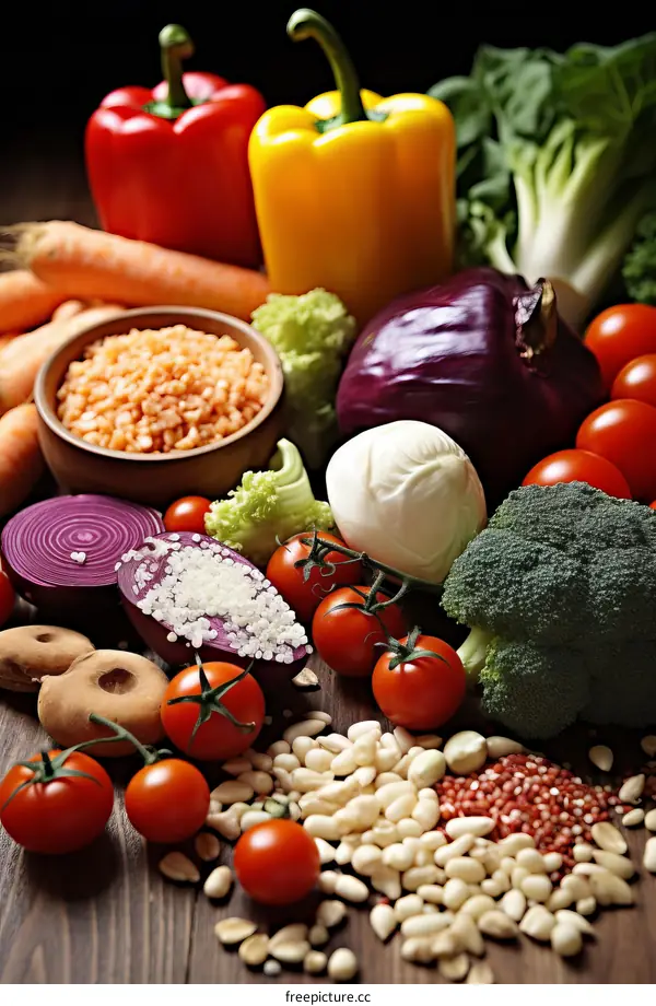A variety of vegetables and legumes are arranged on a wooden table.
