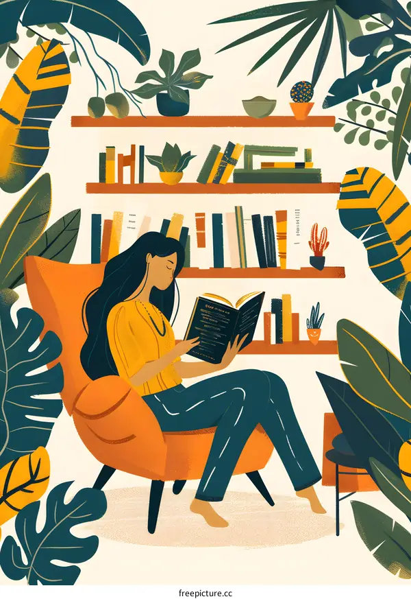 Woman Reading Book in a Cozy Living Room with Plants and Bookshelves