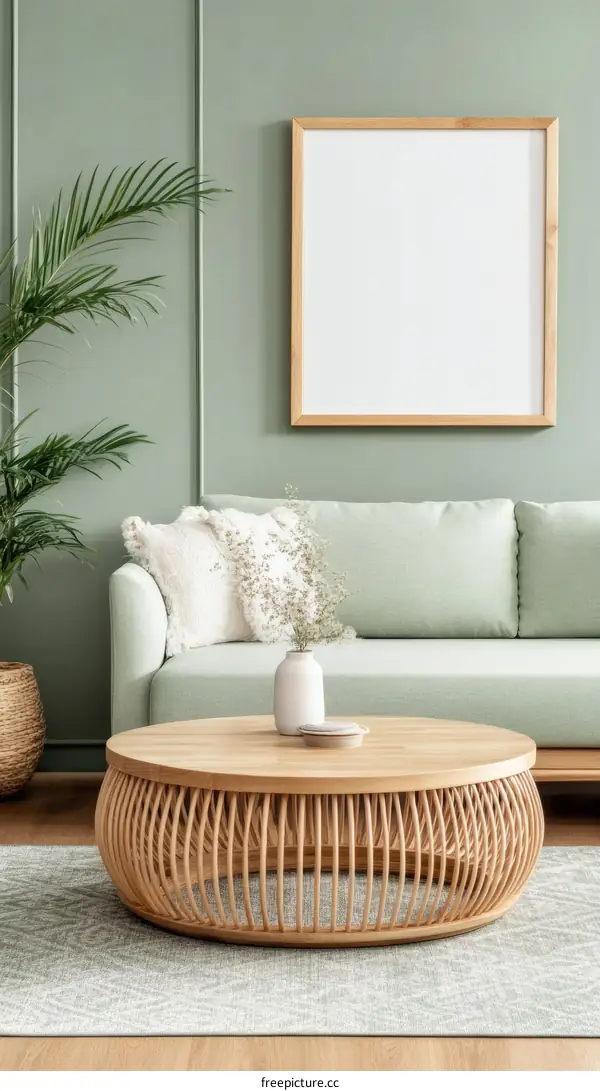 Modern Minimalist Living Room with Light Green Walls