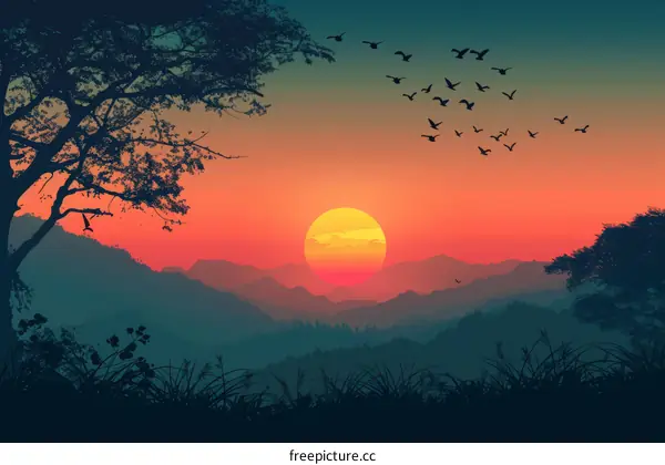 Large Tree Silhouette Against Golden Sunset Sky