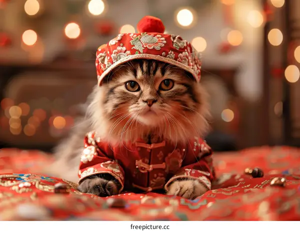 A cute cat wearing a traditional Chinese costume