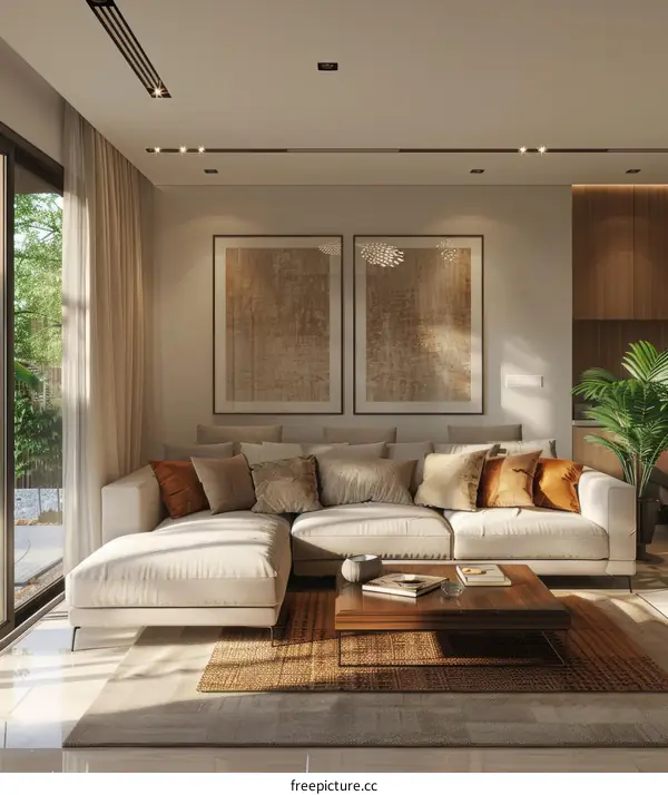 Modern minimalist living room with sofa, carpet, coffee table, green plants, and sunlight