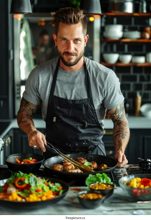 Tanned male chef in grey shirt and black apron cooking meat in a pan in the kitchen
