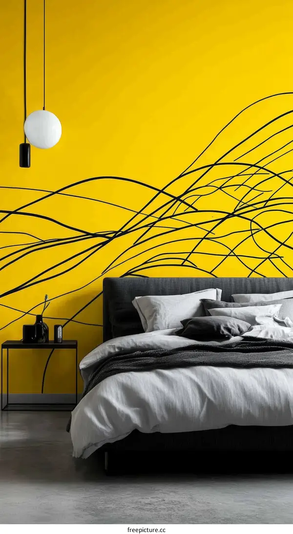 Modern Bedroom Interior Design with Yellow Wall Art