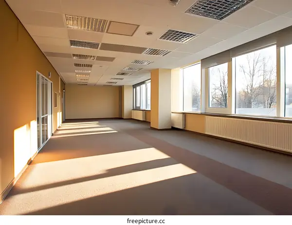 Empty Office Room with Large Windows and Sunbeams