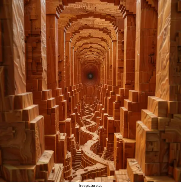 A wooden sculpture resembling a corridor with a light at the end