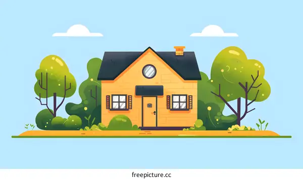 Yellow House with Green Trees and Blue Sky