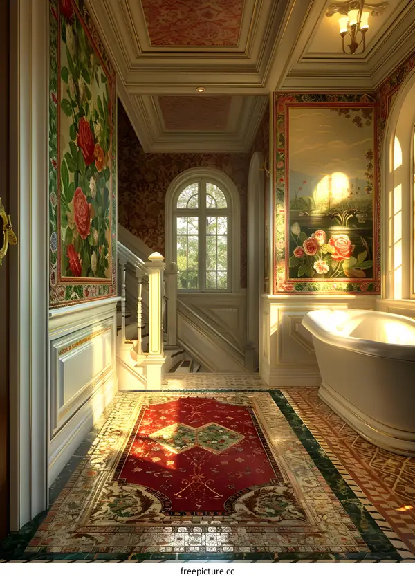Elegant Bathroom Interior Design with Red Carpet and Floral Tapestries
