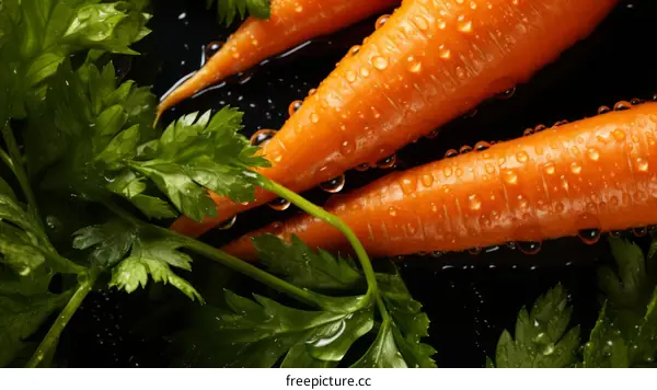 Close-up of orange carrots with green leaves on a black background