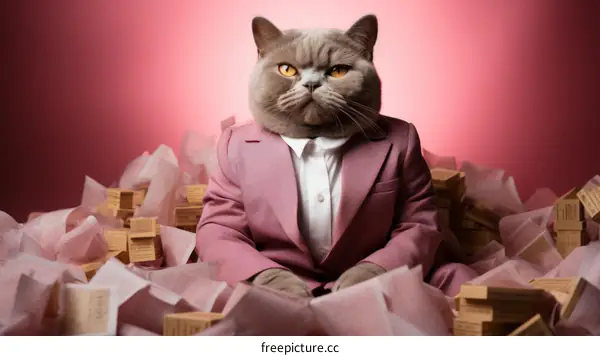 A British shorthair cat wearing a suit and sitting on a pile of money