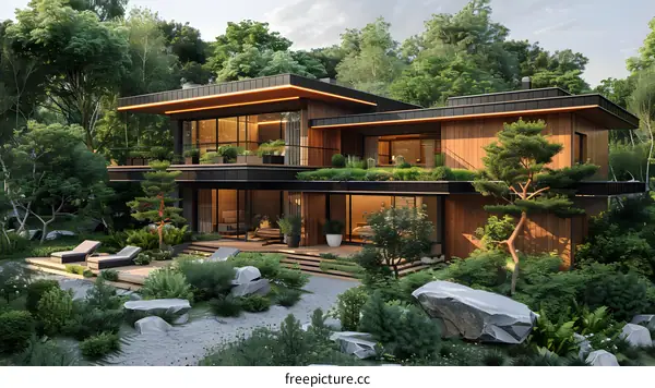 A modern house with a green roof and large windows surrounded by trees and plants