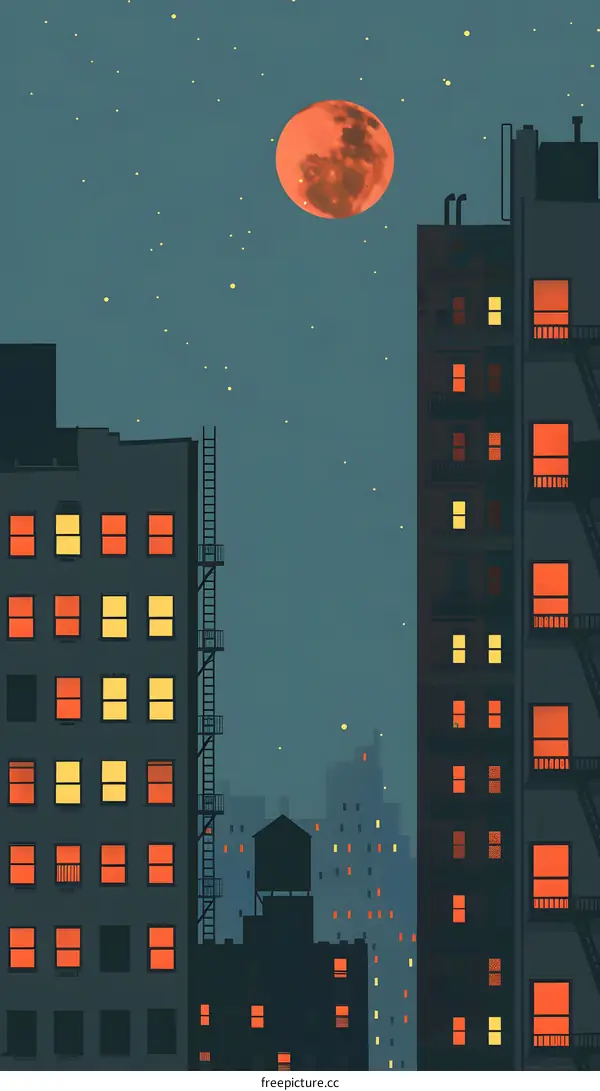 Night Cityscape with Red Moon and Stars