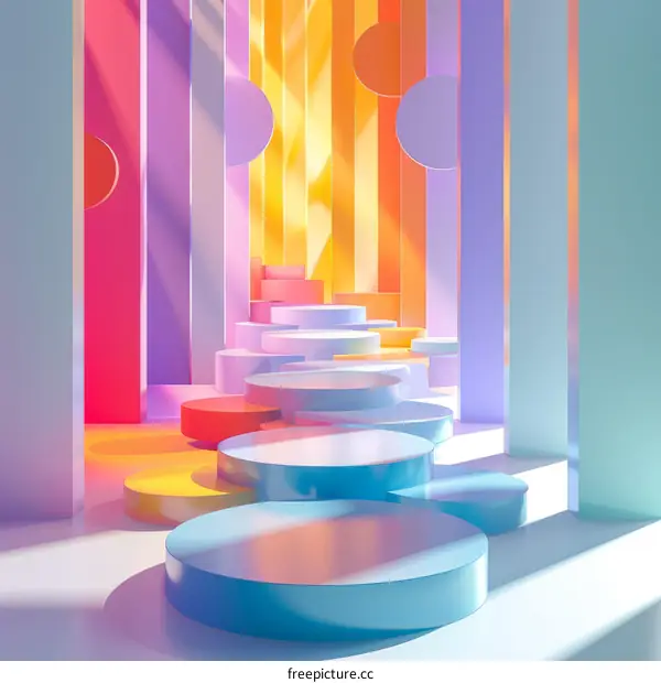 3D rendering of a colorful geometric background with a series of podiums in pastel shades
