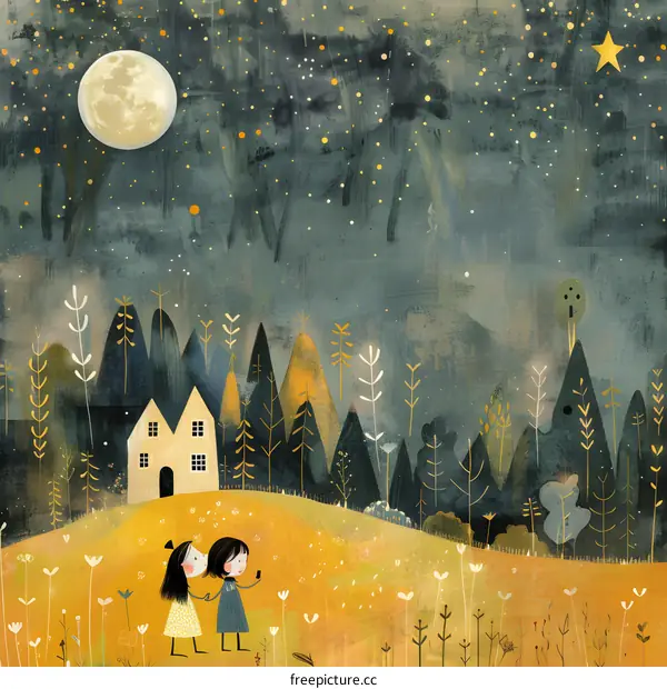 Two Girls Taking a Photo Under a Starry Sky