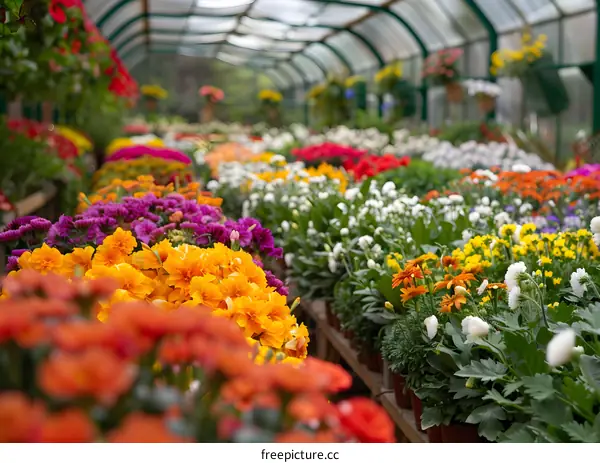 Rows of Colorful Flowers in Greenhouse