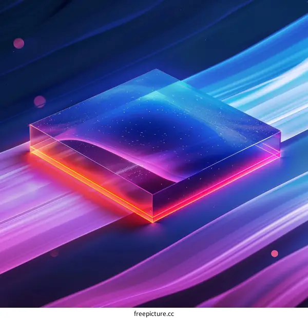 Abstract 3D rendering of a glowing cube on a colorful background
