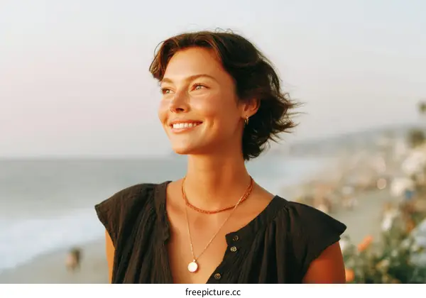 Smiling Woman by the Seaside at Sunset