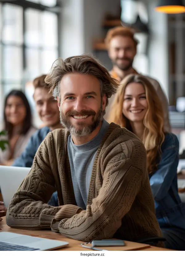 portrait of a smiling man with beard in brown sweater with his colleagues in the background