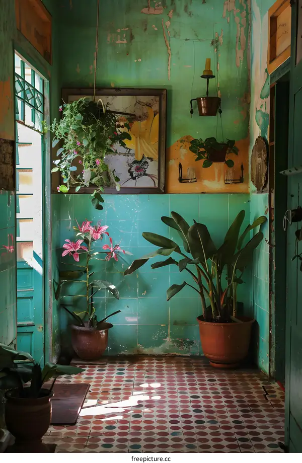 Vintage Green Tiled Entryway With Plants