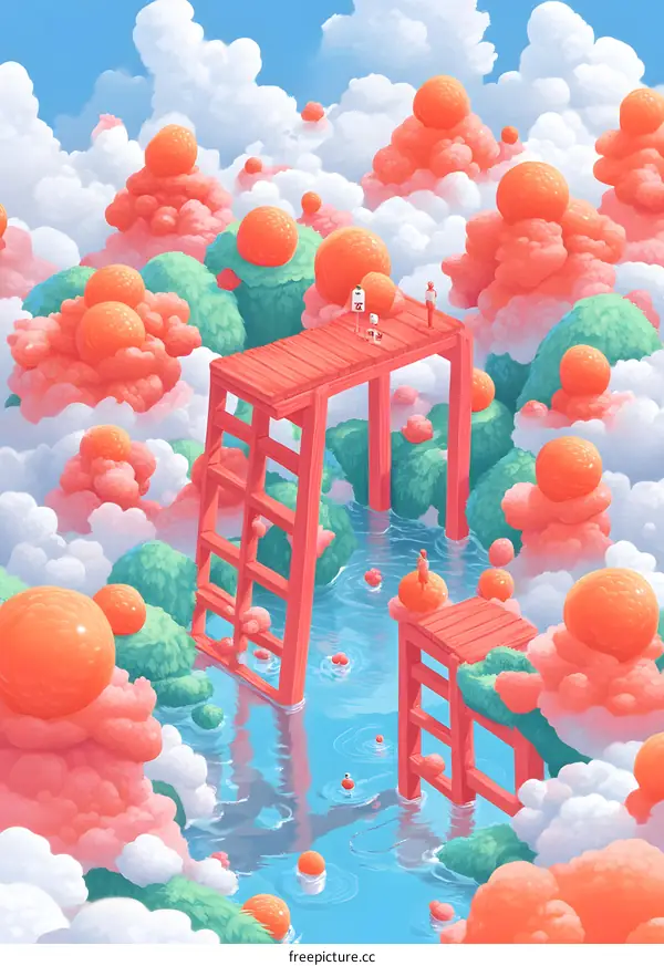 Dreamy Landscape with People and Ladders in the Sky