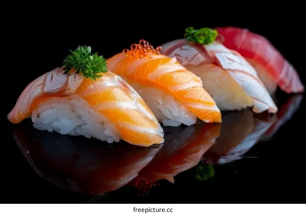 Four pieces of sushi on a black background