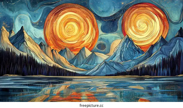 Abstract Mountain Landscape with Double Suns