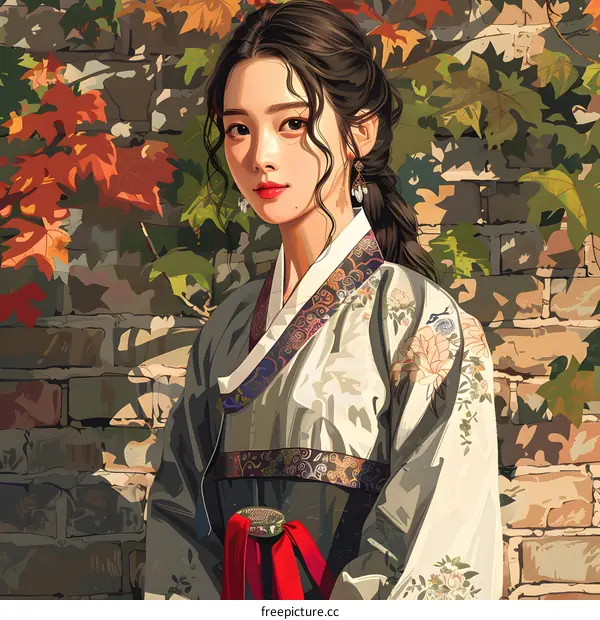 An illustration of a young woman in a traditional Korean hanbok dress with a red sash and a hairpin in her hair. She is standing in front of a brick wall with a pattern of autumn leaves.