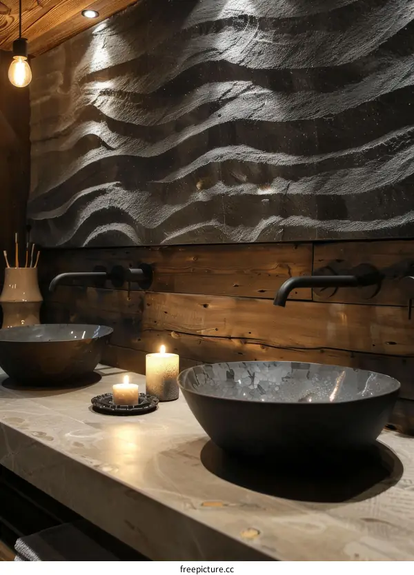 Rustic Modern Bathroom Sink with Stone Wall