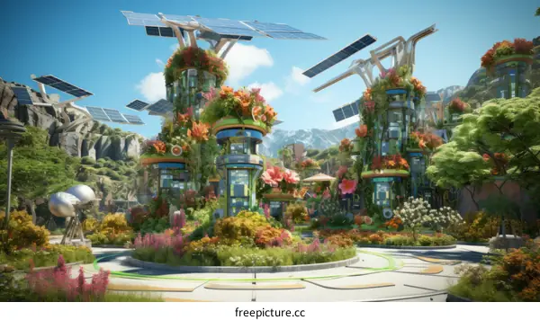 Futuristic city with solar panels and greenery