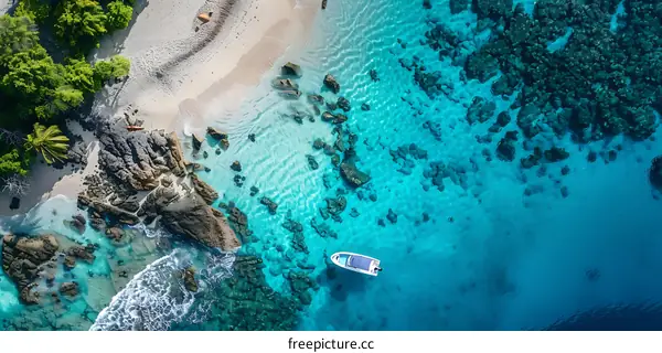 Aerial View of a Tropical Island with White Sandy Beach and Turquoise Water