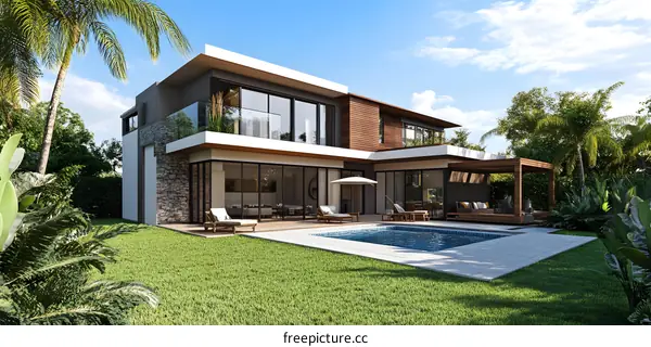 Modern House with Pool and Tropical Garden