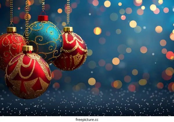 Sparkling Christmas Ornaments Hanging Against a Blue Bokeh Background